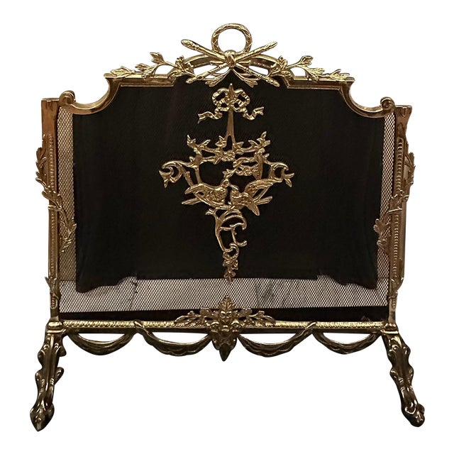 Ornate Brass Fireplace Screen Bird Design French Louis XVI Empire Style For Sale