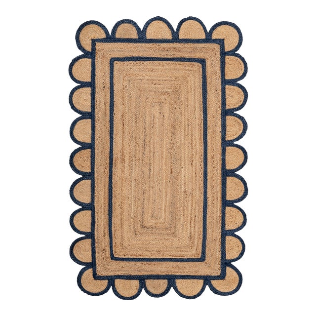 5'x8' Scallop Jute Navy Hand Made Rug, Bohemian Decor For Sale
