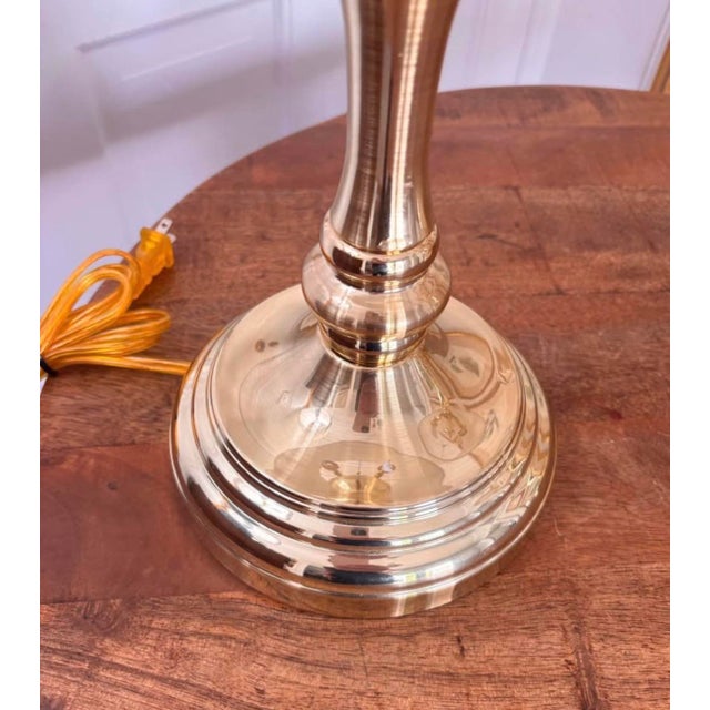 Brass Vintage Tall Heavy Brass Three Arm Bouillotte Lamps With Creamy Off White Pleated Shades - a Pair For Sale - Image 8 of 10