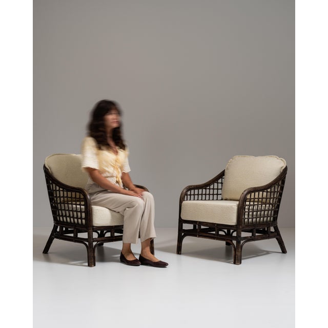 Wood Pair of 20th Century French Dark Brown Mid-Century Organic Modernism Faux Bamboo Upholstered Armchairs For Sale - Image 7 of 15