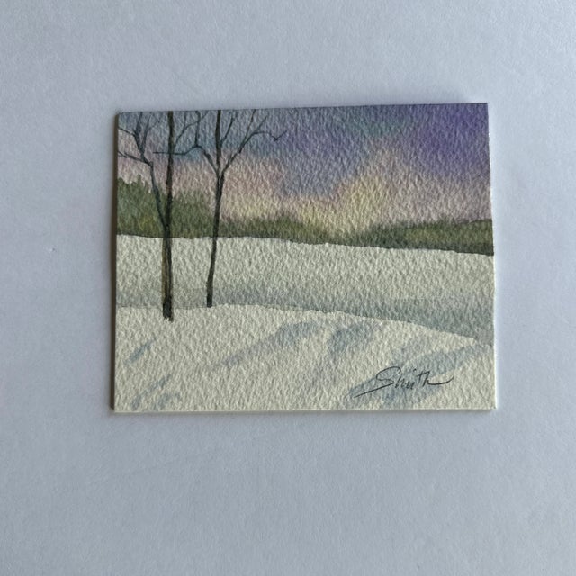 Winter is beautiful, especially in the evening. Signed miniature, ready to frame.