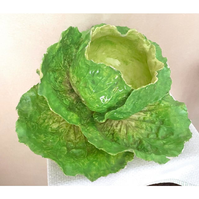 This amazing cabbage or lettuce leaf bowl is formed from hand made ceramic leaves. It is antique Italian 19th Cent. Naples...