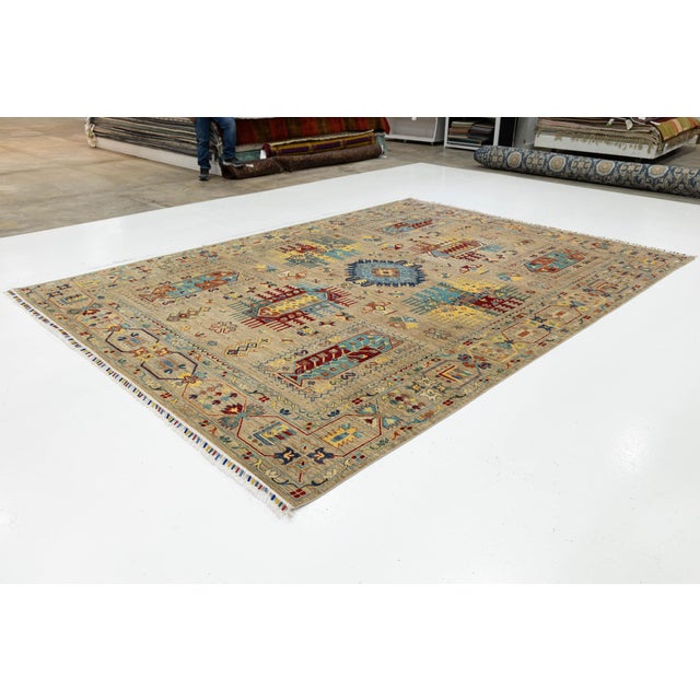 Kazak Style Hand-Knotted Wool Rug – Neutral Beige & Vibrant Multi-Color Tribal For Sale - Image 9 of 10