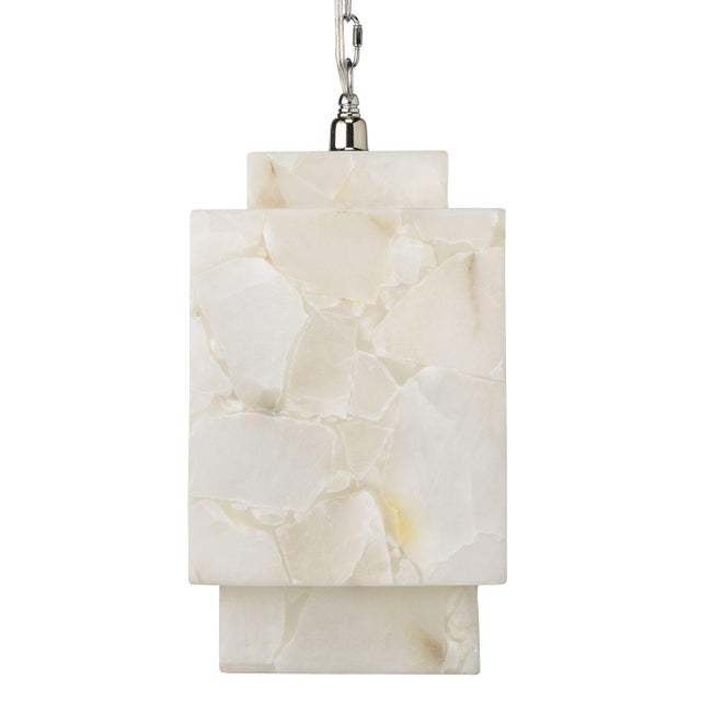 This unique alabaster pendant has strong cubic lines that float in it's alabaster white glow.