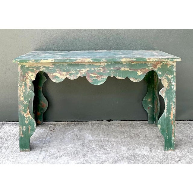 Jade Vintage Distressed Scalloped Green Wood Table For Sale - Image 8 of 14