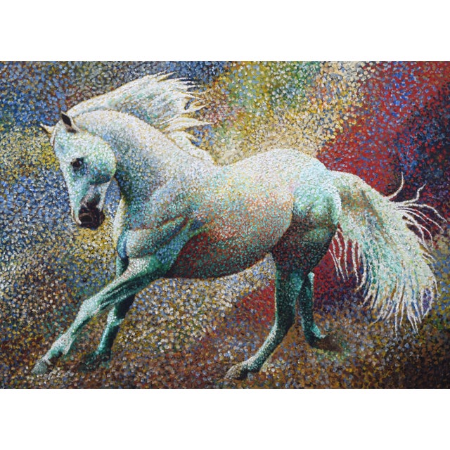 Pop Art Large Vintage Pointilist Oil Painting of a White Horse With Rainbow Color Background For Sale - Image 3 of 6