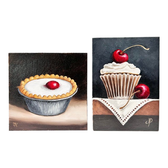 Pair of Original Dessert Still Life Paintings by Jane Palmer Tart Cupcake For Sale