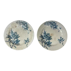 Pair of French Blue Transferware Plates by Doulton Burslem England - Arundel Pattern - Floral and Pomegranate Design