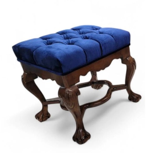 Chippendale Antique Mahogany Chippendale Tufted Ottoman Newly Reupholstered in Velvet For Sale - Image 3 of 4