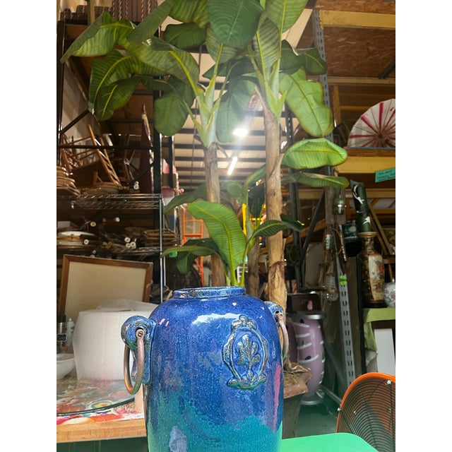 1970s Oversized Blue Ceramic Vase With Metal Ears For Sale - Image 11 of 11