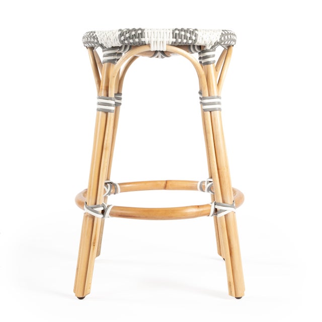 Spritely Home Accent Furniture Tobias 24 in. Seat Height Round Rattan Backless Counter Stool, Gray/White Stripe/ Natural Rattan Frame For Sale - Image 4 of 8