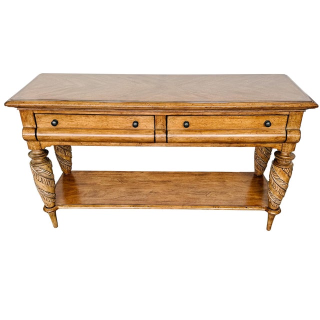 English Tommy Bahama Home Tropical British Colonial Style Carved Console Table For Sale - Image 3 of 12