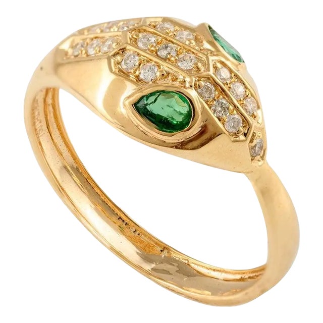 Statement Diamond and Natural Emerald Snake Head Ring Size 4 For Sale