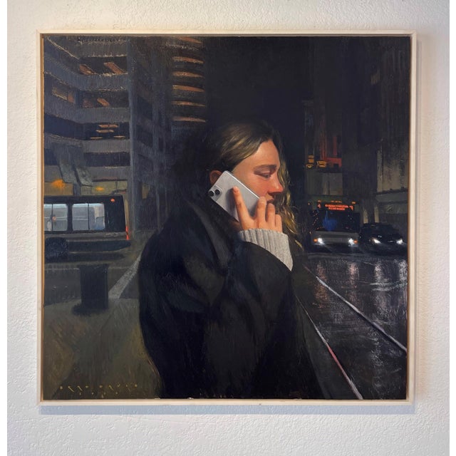 Contemporary Business District by Brad Davis | Oil on wood panel Woman on phone in a city street at night. For Sale - Image 3 of 5