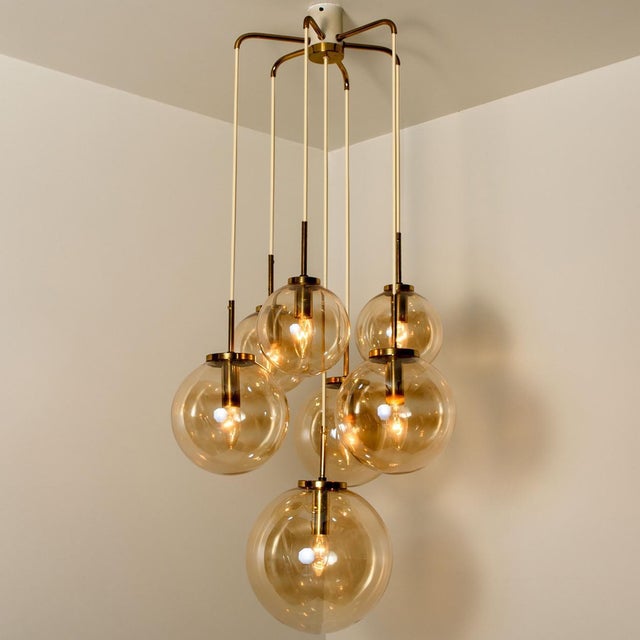 Metal Brass Cascade with Seven Hand Blown Globes Ceiling Lamp from Glashütte Limburg For Sale - Image 7 of 11