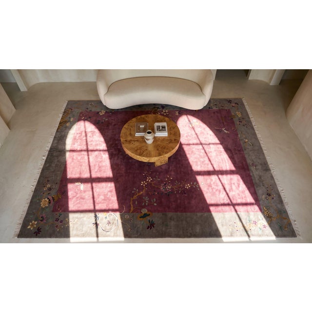 1920s Purple Floral Minimalist Antique Chinese Art Deco Rug 9' X 11' 4" Knotted Wool Carpet For Sale - Image 12 of 13