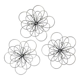 Contemporary Mid-Century Style Set of 3 Gold & Black Faux Pearl Wire Flower Wall Hangings For Sale