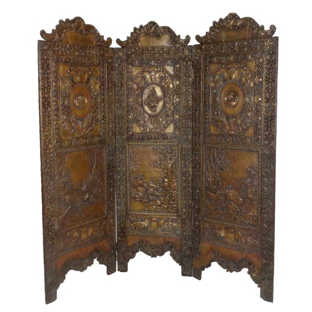 Folding Screen - Tudor Revival Style Brass Repousse For Sale - Image 9 of 9