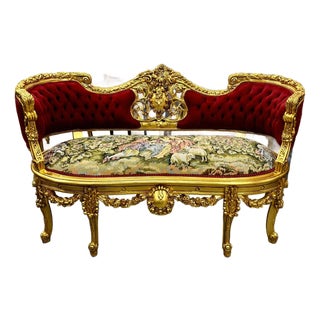 French Style Art Bench Small Settee Vintage Red Velvet Gold Details For Sale