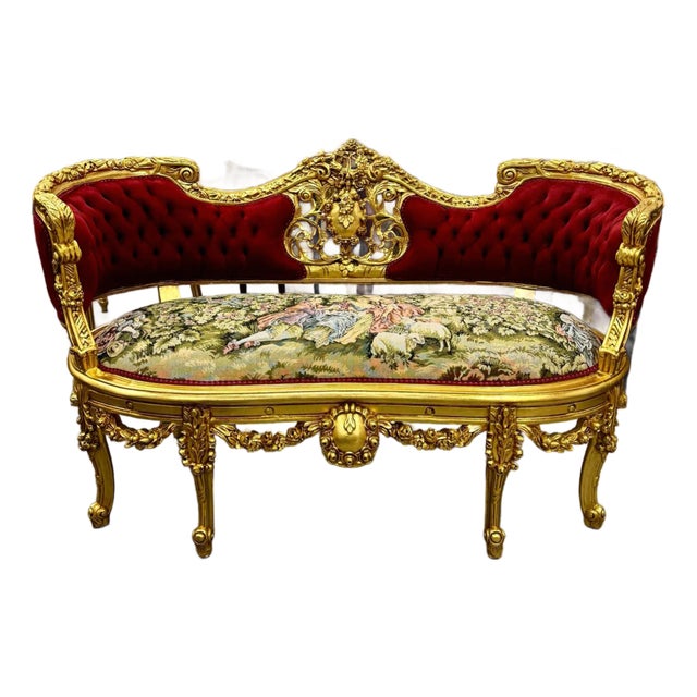 French Style Art Bench Small Settee Vintage Red Velvet Gold Details For Sale