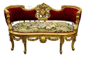 French Style Art Bench Small Settee Vintage Red Velvet Gold Details