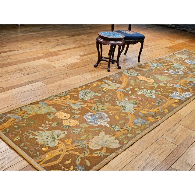 Brown Vintage French Needlepoint Runner, Handwoven Wool, Tree of Life Pattern, Brown & Blue, 4’ X 15’ For Sale - Image 8 of 17