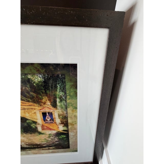 Wood Ethereal Temple Scene, Lush Greenery, Golden Drapery, Fine Art Photography Framed For Sale - Image 7 of 11