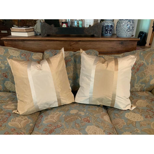 Late 20th Century 22” Couture‑Inspired Silk‑Like Satin Jacquard Pillows With Tassel & Metal Keeper – Feather Filled – Pair For Sale - Image 5 of 7