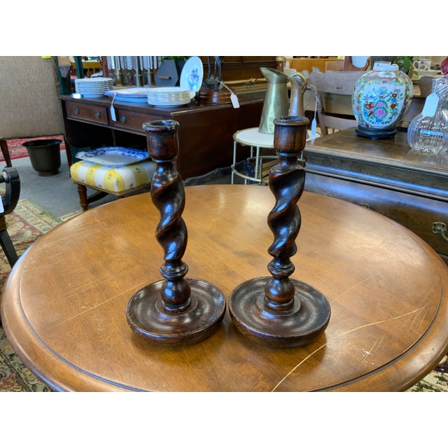 Late 17th Century English Oak Wood Barley Twist Candlesticks a Pair