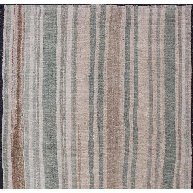 Sand Vintage Turkish Kilim Rug With Vertical Pastel Stripes in Sage, Blush, and Sand For Sale - Image 8 of 11