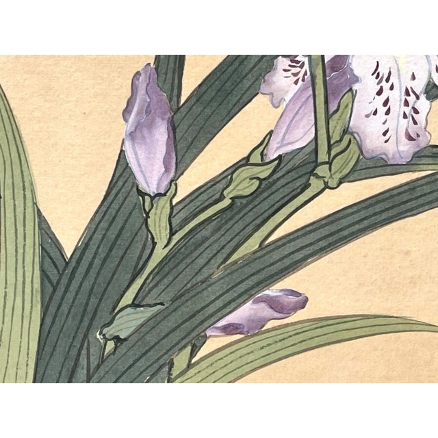 Purple Vintage Original Chinese Watercolor Painting of Purple Iris Flowers and Butterflies on Silk For Sale - Image 8 of 10