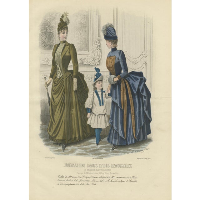 French Fashion Print, Parisian Ladies and Child Interior Scene, 1887, Paper For Sale - Image 3 of 10
