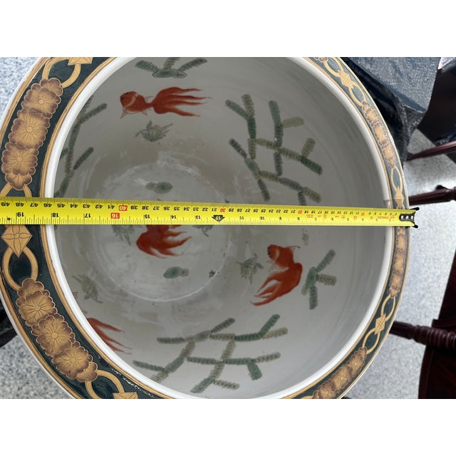 Vintage Oriental Accent Hand-Painted Asian Fishbowl Cachepot With Carved Hardwood Stand For Sale - Image 9 of 15