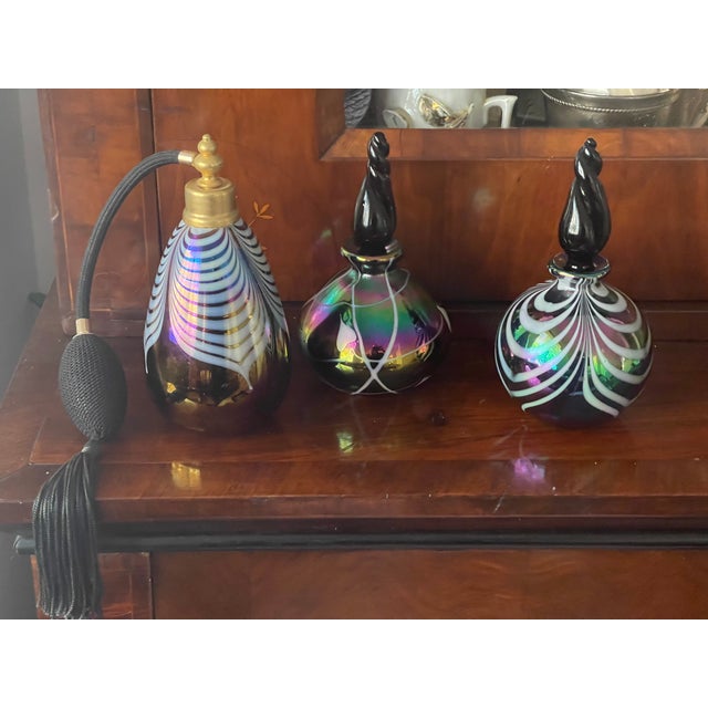 1950s 3 Gorgeous Italian Perfume Bottles Irridescent Glass For Sale - Image 5 of 5