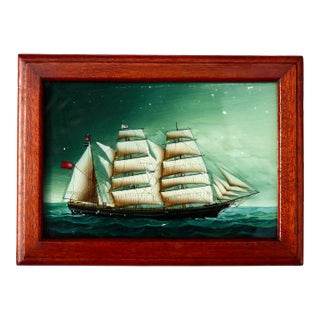 Early 20th Century Miniature Framed Reverse Glass Painting of a Clipper Ship For Sale