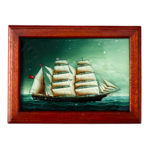 Early 20th Century Miniature Framed Reverse Glass Painting of a Clipper Ship