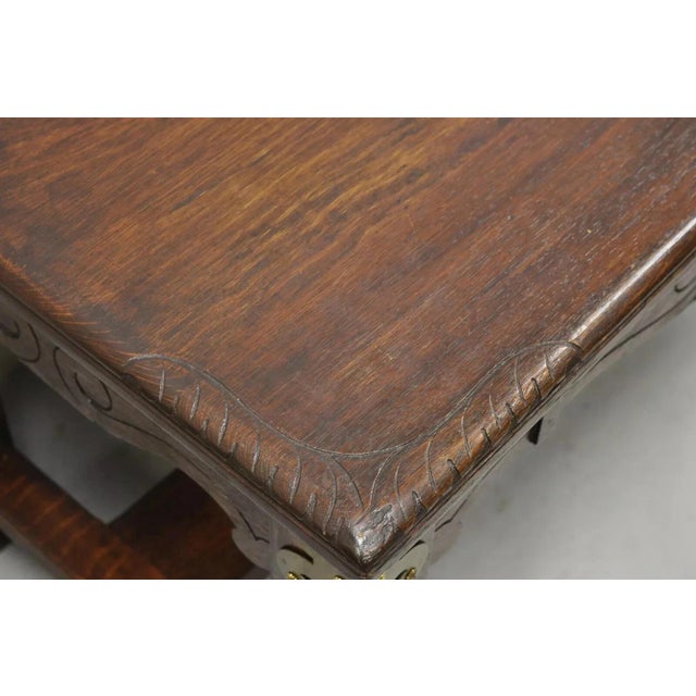 Wood Antique Art Nouveau Carved Oak Northwind Face Desk Library Table With One Drawer For Sale - Image 7 of 12