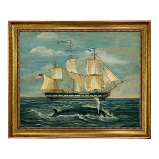 American Whaling Ship With Sperm Whale 16x20" Print on Canvas, Gold Frame For Sale