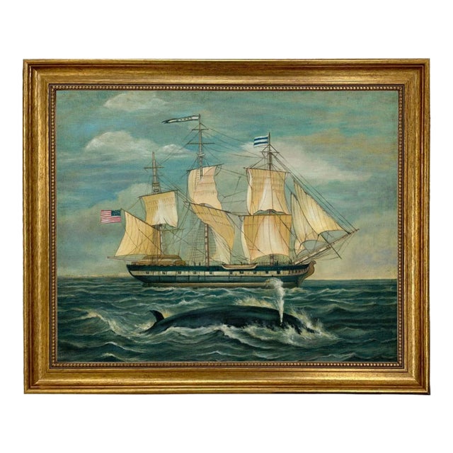 American Whaling Ship With Sperm Whale 16x20" Print on Canvas, Gold Frame For Sale