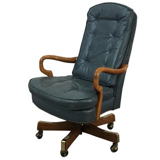 Sea Blue Tufted Leather & Nailhead Office Chair For Sale