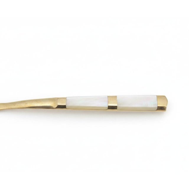 Hollywood Regency Mother of Pearl & Brass Thailand Flatware Small Spoon Fork & Knife Set of 15 For Sale - Image 3 of 9