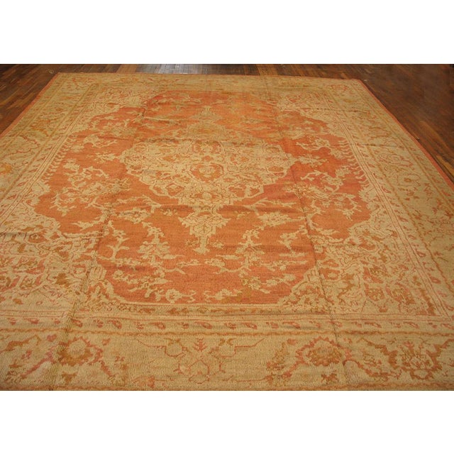 Spectacutar Orange-Salmon Background Color With Distinctive Central Medallions Antique Turkish Oushak Rug For Sale - Image 4 of 9