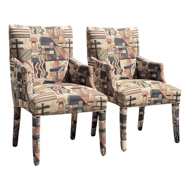 Vintage Postmodern Parsons Armchairs With Memphis-Style Geometric Upholstery, Pair For Sale