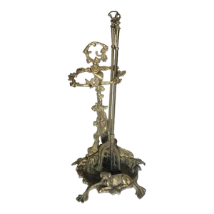French Art Nouveau Brass Fireplace Tool Set With Hunting Dog