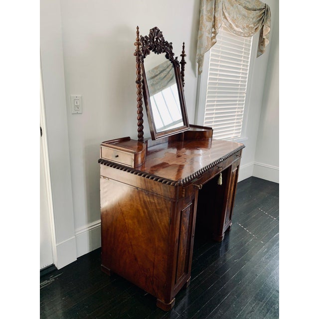 Antique Burr Walnut English Regency Pedestal Dressing Table For Sale - Image 4 of 9