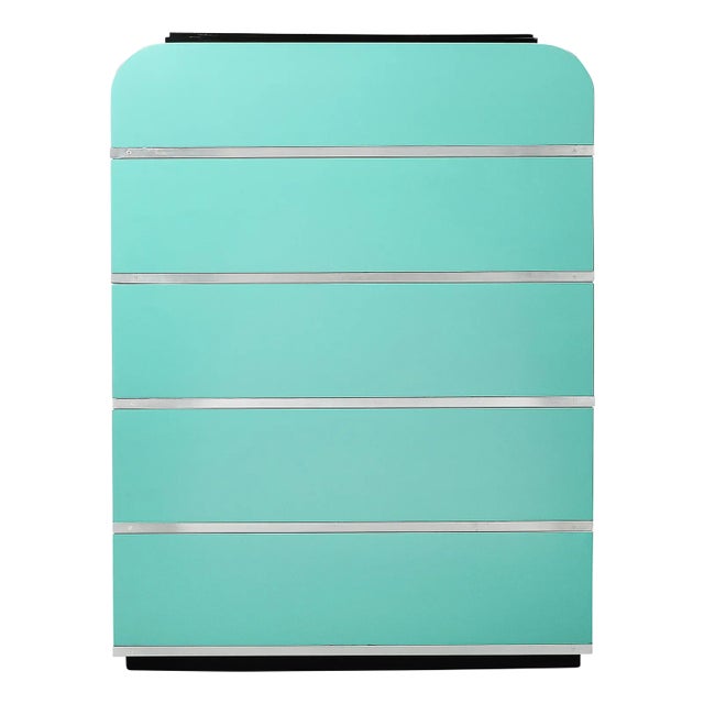 Art Deco Robin's Egg Blue Lacquer & Brushed Aluminum High Chest by Donald Deskey For Sale