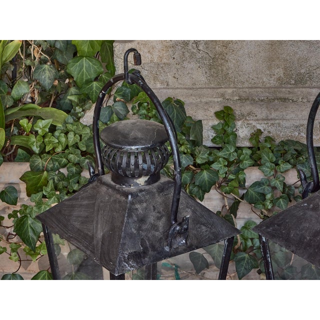 Metal Mid 20th Century English Country House Iron Lanterns with Glass Panels, Unwired - a Pair For Sale - Image 7 of 8