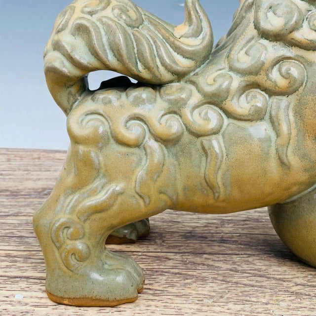 Celadon Pair of Antique Celadon Glazed Guardian Lions – 9.8" Foo Dogs With Brocade Balls For Sale - Image 8 of 9