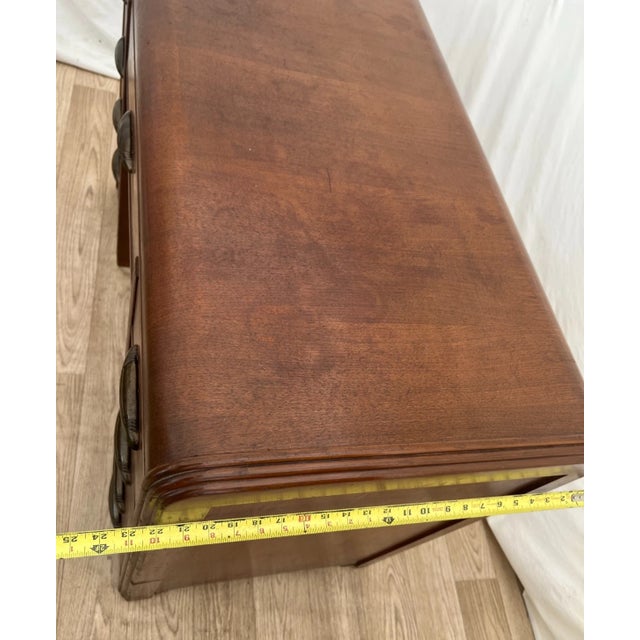 1930s Art Deco Desk Waterfall Top Seven Dovetail Brass Drawers Walnut Finished Back For Sale - Image 16 of 18