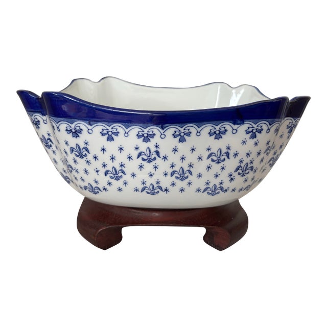 Large 1990s Blue and White Porcelain Bowl Fleur De Lis on Wood Stand For Sale